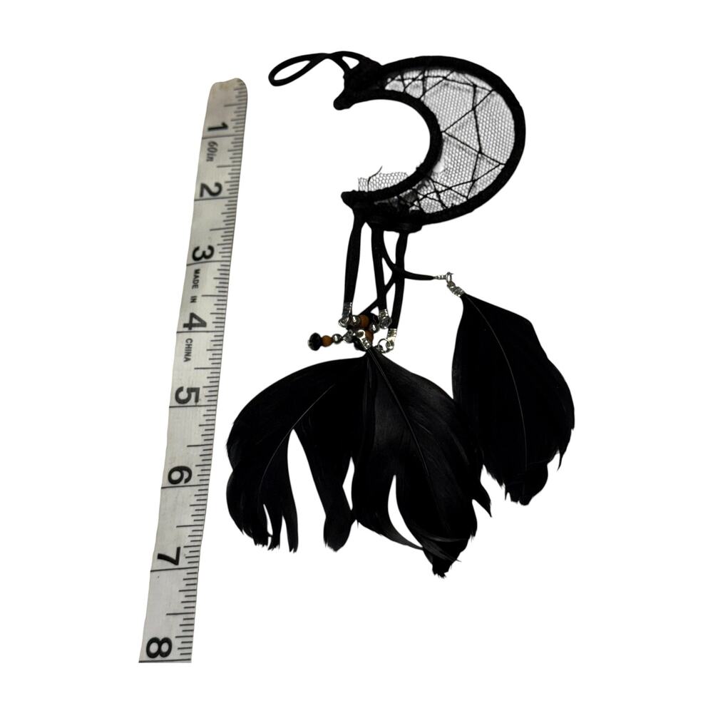 Black Crescent Moon Dream Catcher Black Feathers Boho Gothic Decor - Picture 8 of 8